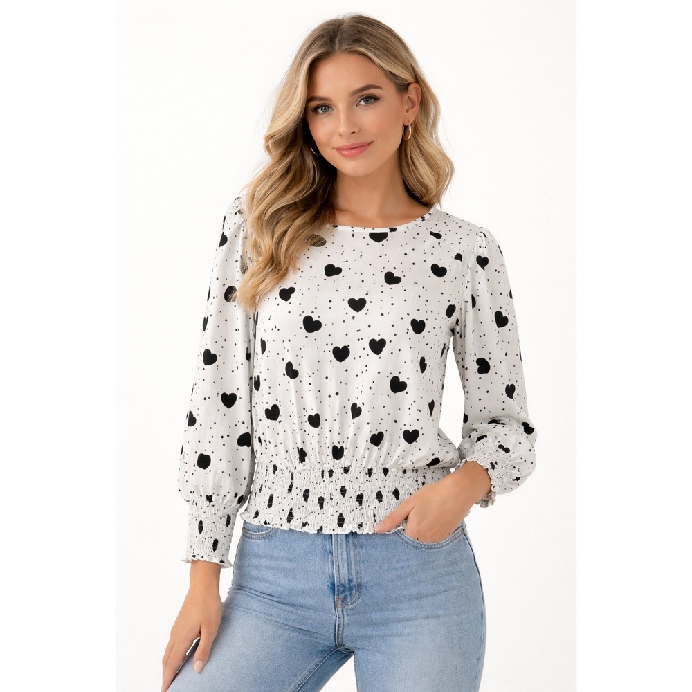 Long Sleeve Heart Print Blouse XL Puff Sleeve WhiteBlack Feminine Office Teacher